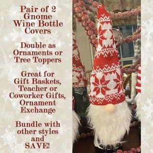 Set of 2 Gnome Wine Bottle Gift Cover for Baskets, Ornaments, Tree Topper